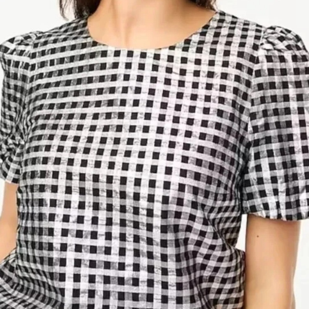 J.Crew Metallic Gingham Puff Sleeve Top Silver Black CF117 XL NWT